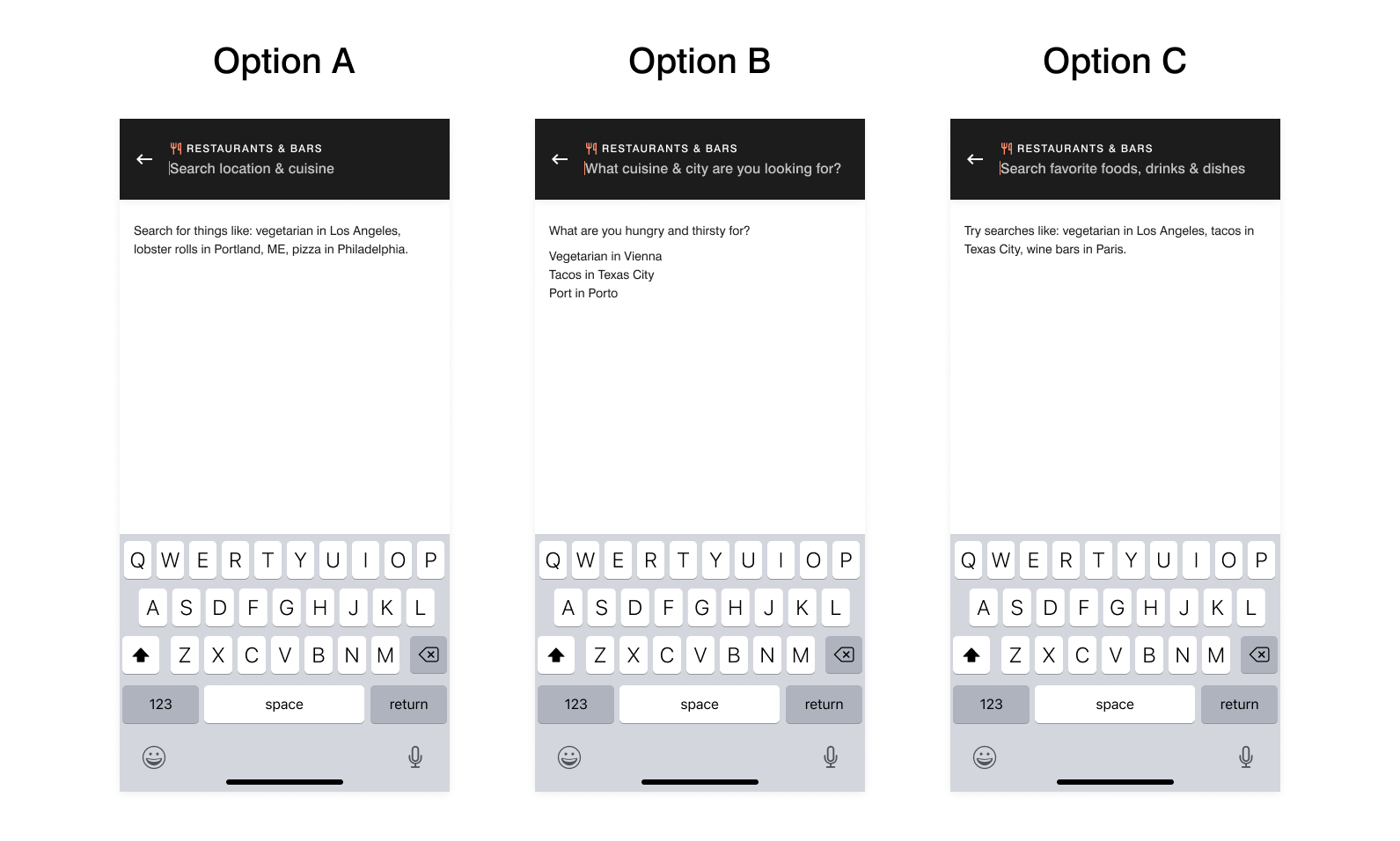 Option A, B, and C — three hint text approaches tested for clarity, tone, and whether users understood the search as free-form.
