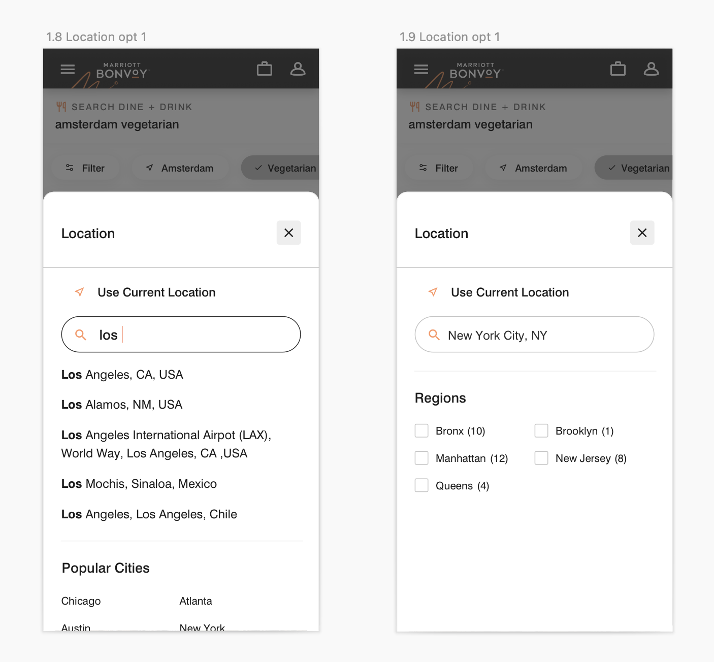 Location search exploration — two designs for how users can specify or refine their city within an active search.