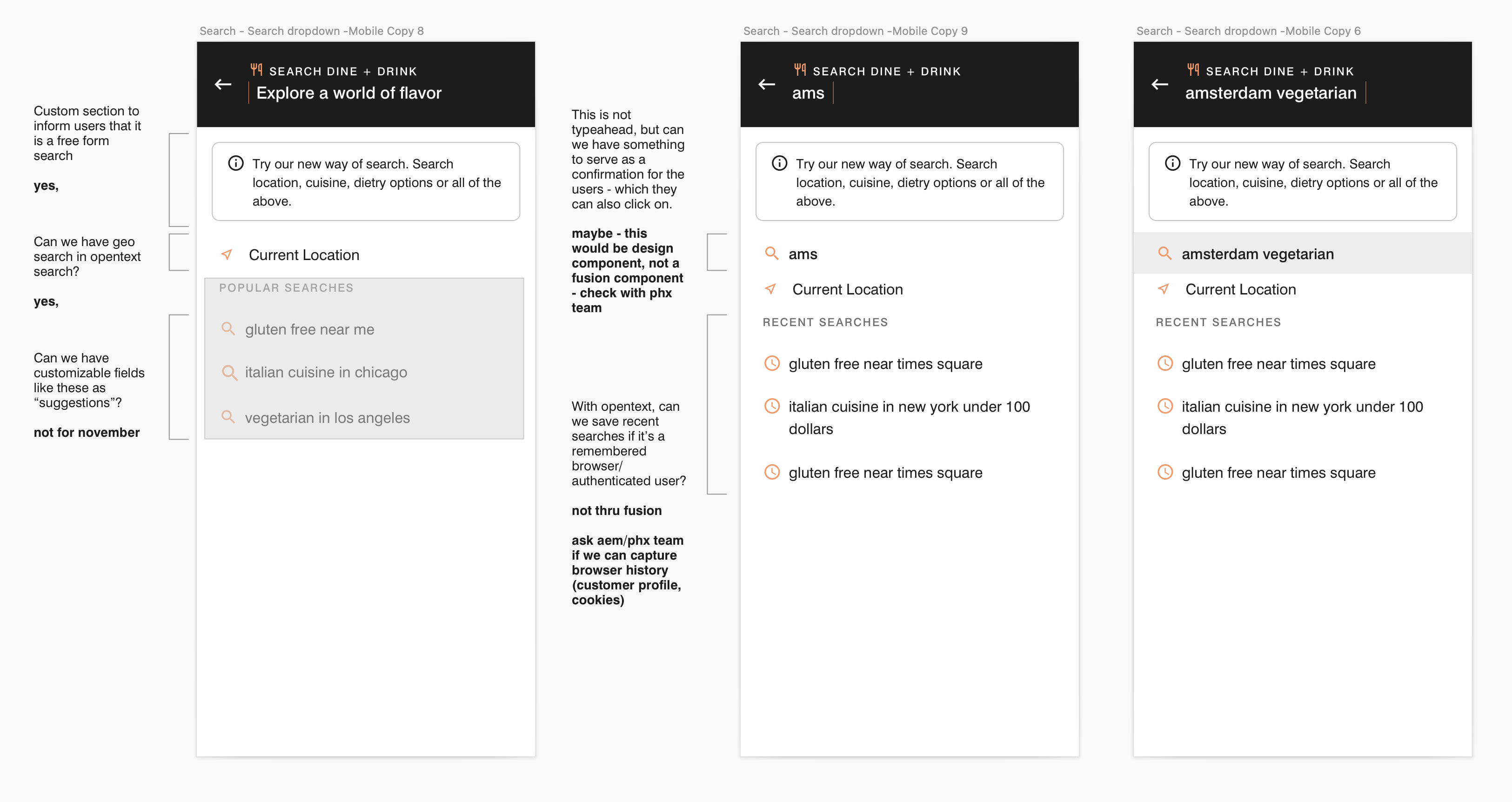 Early search dropdown exploration — feasibility annotations from design-engineering sessions scoping popular searches, geo search, and typeahead against what the Fusion API could support by November.