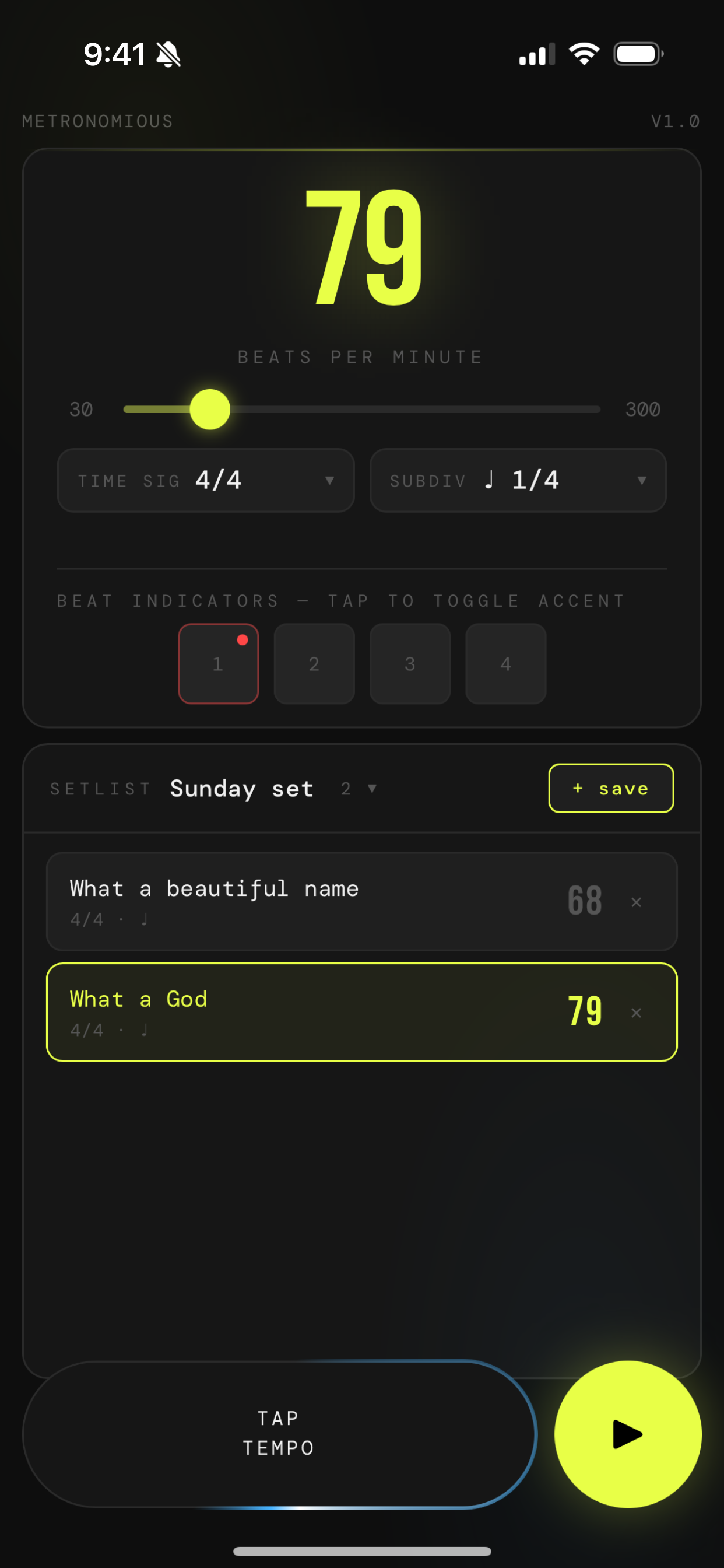 V1 setlist